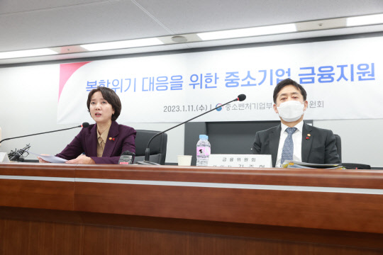 이영 중소벤처기업부 장관(왼쪽)이 11일 서울 양천구 중소기업유통센터에서 열린 복합위기 대응을 위한 중소기업 금융지원 간담회에서 인사말을 하고 있다.<중소벤처기업부 제공>